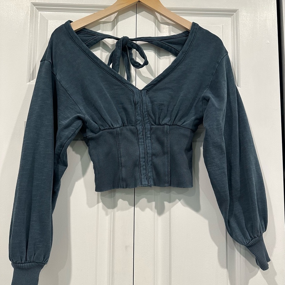 Pilcro Green Long Sleeve Crop Blouse with Tie Front